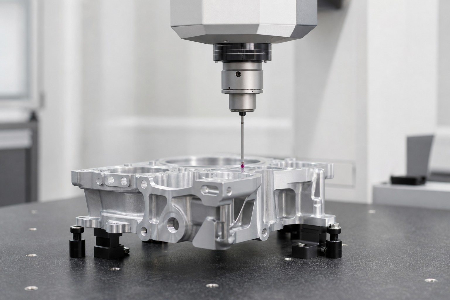 三次元測定機でアルミ部品の寸法を確認する検査工程