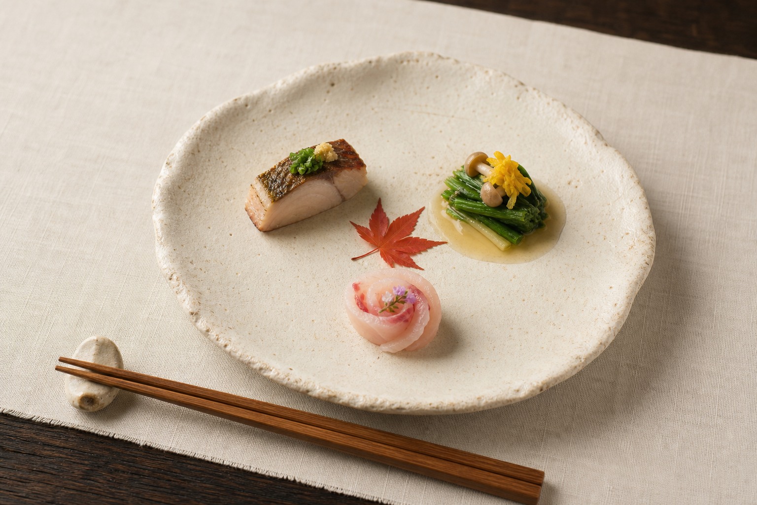 季節の食材を少しずつ盛り合わせたおまかせ料理の一皿