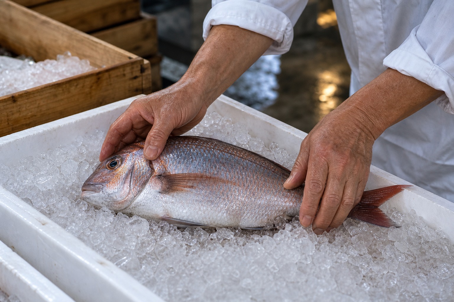 氷の上の鮮魚を確かめる店主の手元