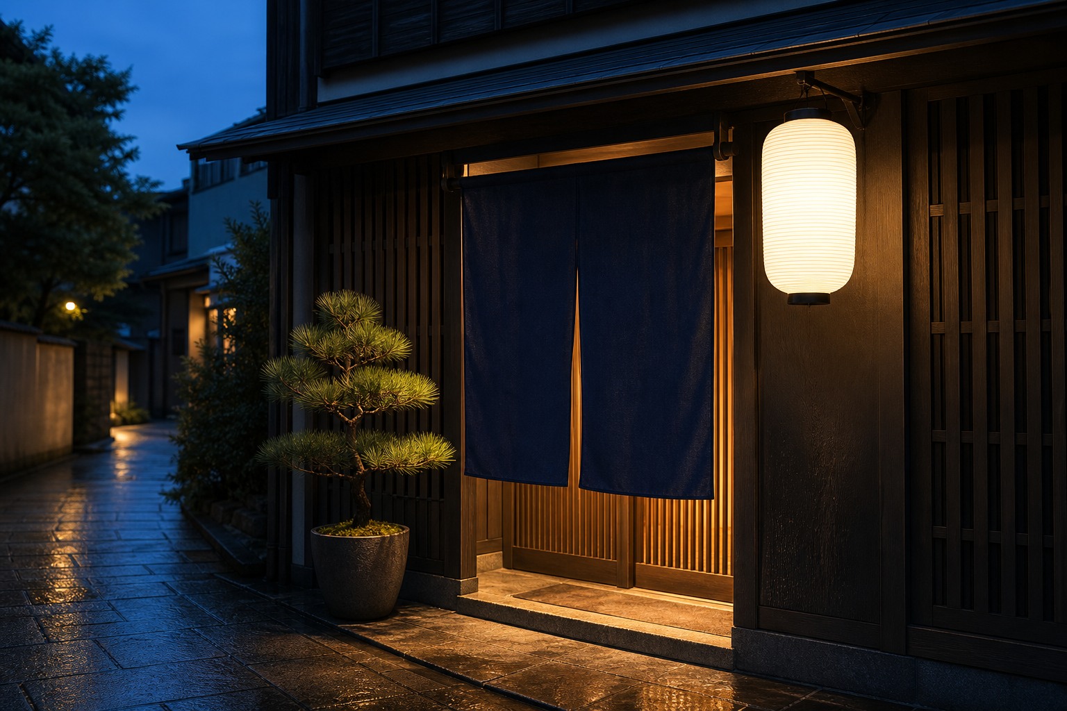 夕暮れに灯りがともる無地の暖簾の店構え